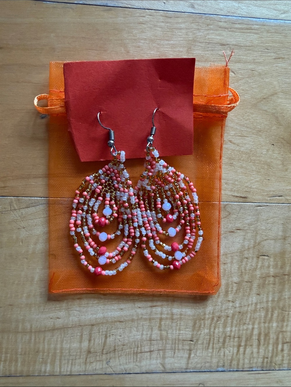 HANDMADE Coral/Orange/Pink Multi-Bead Teardrop Earrings